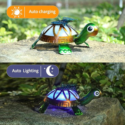 Solar Garden Outdoor Statues with Butterfly, Metal Garden Turtle Statue Solar Lights Outdoor Tortoise Figurines for Patio, Lawn, Yard Ornament, Housewarming Gifts