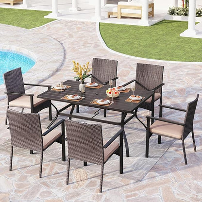 PHI VILLA 7 Piece Outdoor Dining Set for 6, 60” Rectangular Wrought Iron Table with Umbrella Hole & Cushioned Rattan Chairs, Large Furniture Set for Patio, Deck, Yard, Porch