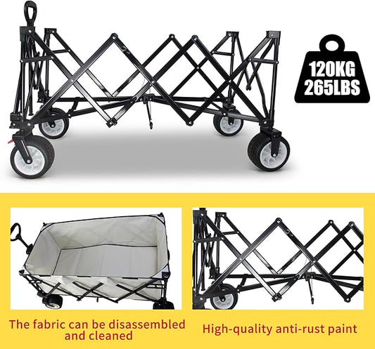 TMZ Collapsible Wagon 445L Heavy Duty Foldable Cart with All-Terrain Wheels, Canopy & Brakes - Extra Large Utility Wagon for Beach, Outdoor, Garden, Camping Portable Foldable Design (White)