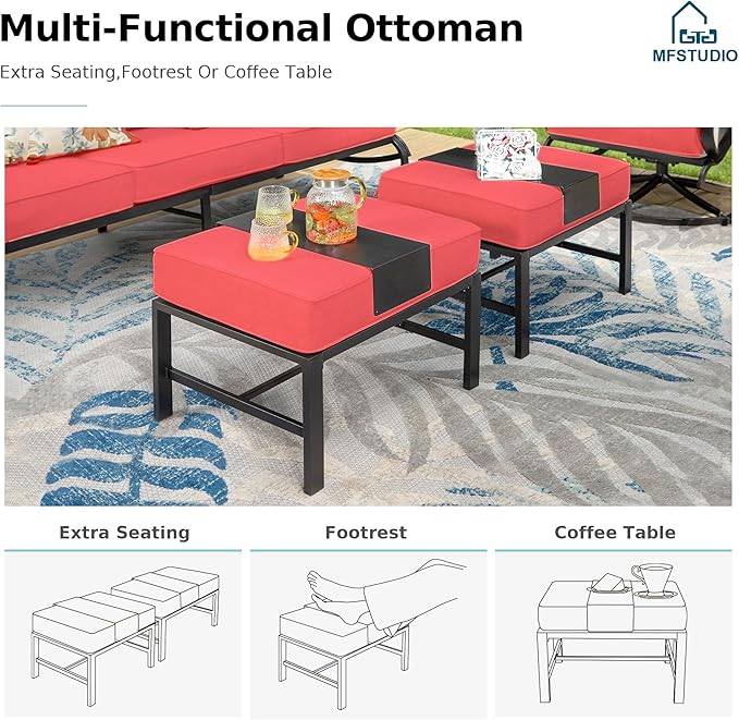 MFSTUDIO 5 Pieces Patio Conversation Sets,Outdoor Metal Furniture Sofas with 1 x 3-Seat Sofa, 2 x Swivel Chairs,2 x Ottoman,Wrought Iron Frame with Red Cushion for Patio Courtyard Balcony