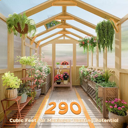 6*8 FT Wood Outdoor Greenhouse Kit, Greenhouses for Outdoors Heavy Duty with Adjustable Roof Vent and Shelves, Walk in Polycarbonate Greenhouse for Outside Garden & Backyard, Light Honey