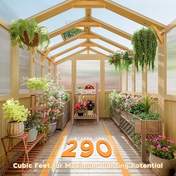 6 * 8 FT Wood Greenhouses for Outdoors Heavy Duty, Outdoor Greenhouse Kit with Adjustable Roof Vent and Reinforced Panels, Walk in Polycarbonate Greenhouse for Outside Garden & Backyard, Light Honey