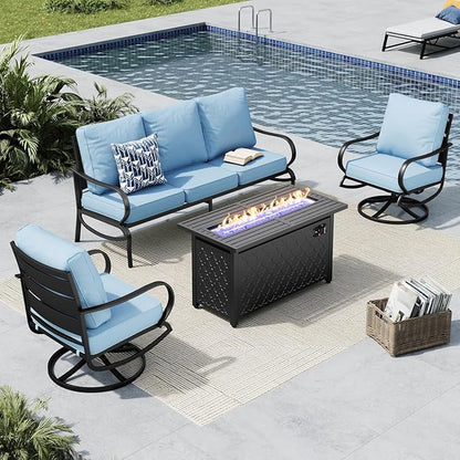 MFSTUDIO 4 Pieces Patio Conversation Sets, All Weather Metal Frame Outdoor Furniture Set Patio Sofas with 1 x 45 Rectangular Propane Fire Table, 1 x 3-Seat Sofa, 2 x Swivel Chairs, Blue Cushion