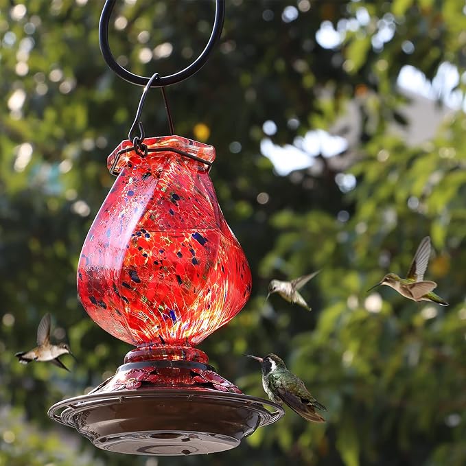 BOLITE Hummingbird Feeder, Hand Blown Glass Hummingbird Feeders for Outdoors Hanging, with Ant Moat and 5 Feeding Ports, 22 Ounces, Red, Birthday Gifts for Women Men, Gifts for Mom Dad