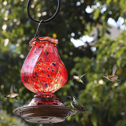 BOLITE Hummingbird Feeder, Hand Blown Glass Hummingbird Feeders for Outdoors Hanging, with Ant Moat and 5 Feeding Ports, 22 Ounces, Red, Birthday Gifts for Women Men, Gifts for Mom Dad