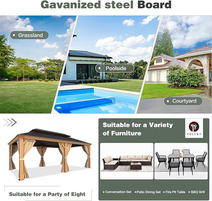 YOLENY 12'x20' Gazebo, Galvanized Steel Double Roof with Wood Grain Aluminum Frame, Outdoor Permanent Metal Pavilion with Curtains and Nettings for Patio, Backyard and Deck