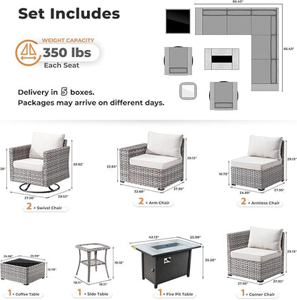 ovios 10 Pieces Patio Furniture Set, Outdoor Wicker Sectional Sofa with 42" Fire Pit Table Swivel Chairs, Modern Modular Deep Seat Rattan Couch Conversation Sets, Beige
