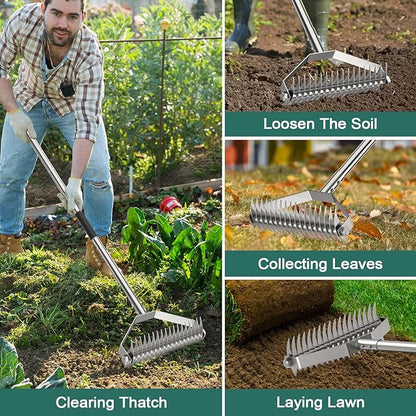 Thatch Rakes for Lawns,14.2-Inch Thatching Rake,304 Stainless Steel Dethatcher Rake with Adjustable Handle and 2 Extra Replaceable Blades,Heavy Duty Rakes for Cleaning Dead Grass and Loosening Soil