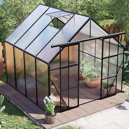 KEIKI 8x8 FT Double Door Polycarbonate Greenhouse with Aluminum Frame,Raised Base and Roof Vent,Walk-in Greenhouses for Patio Garden