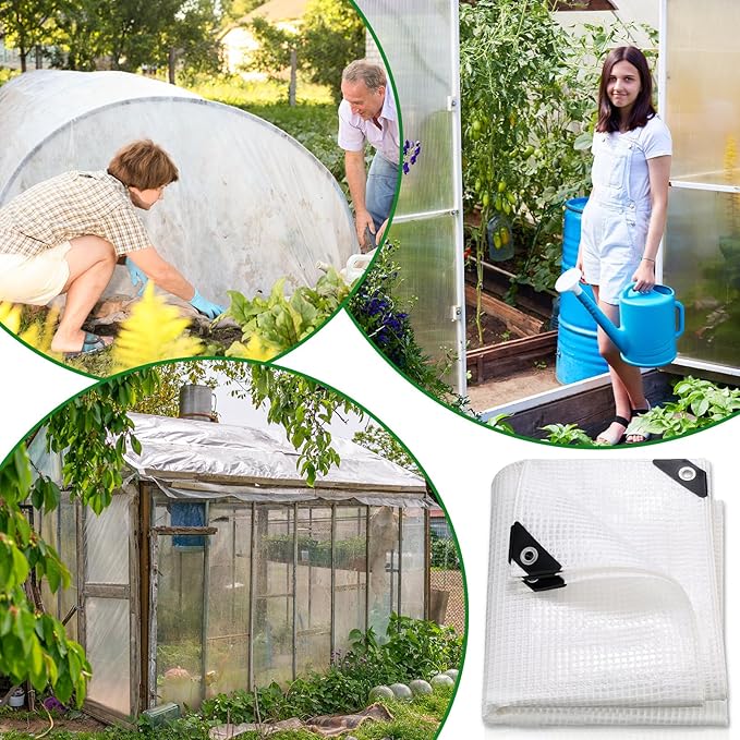 Berlune 3 Pack Clear Greenhouse Heavy Duty Tarp, 8 x 10 ft Clear Waterproof Cover, 14 Mil Plastic Mesh Cover UV Resistant Poly Tarp with Grommets for Gardening, Farming, Nursery Outdoor Event
