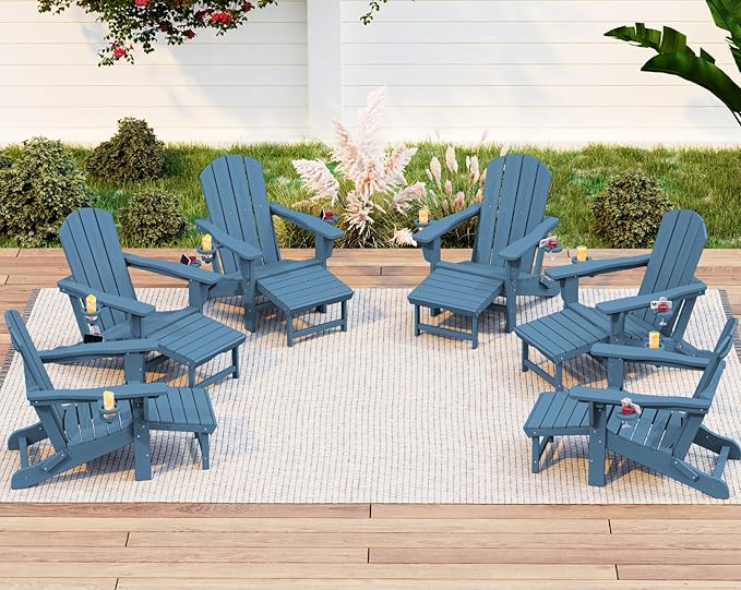 KINGYES Folding Adjustable Adirondack Chair with Ottoman & 2 Cup Holders Set of 6, HDEP Reclining Adirondack Chair with Footrest, Brown