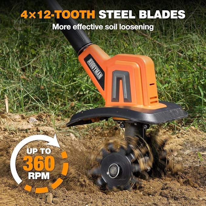 Alloyman 20V Cordless Tiller Cultivator, 360RPM Electric Garden Tiller, with 2 * 4.0Ah Batteries & Charger, 9In Tilling Width and 6.6In Depth Garden Rototiller for Lawn/Gardening/Soil Cultivation
