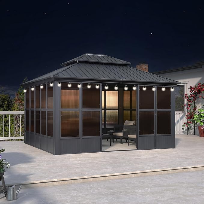 PURPLE LEAF 12' X 14' Sunroom Hardtop Gazebo Solarium with Light Galvanized Steel Double Roof All-Weather Aluminum Outdoor Screen House for Patio Deck Backyard Grey