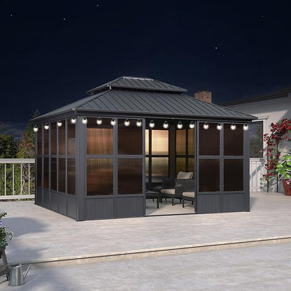 PURPLE LEAF 12' X 14' Sunroom Hardtop Gazebo Solarium with Light Galvanized Steel Double Roof All-Weather Aluminum Outdoor Screen House for Patio Deck Backyard Grey