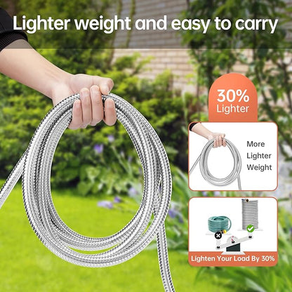 Stainless Steel Garden Hose 50 ft Heavy Duty Metal Water Hoses with 10 Function Water Hose Nozzles for Yard Outdoor