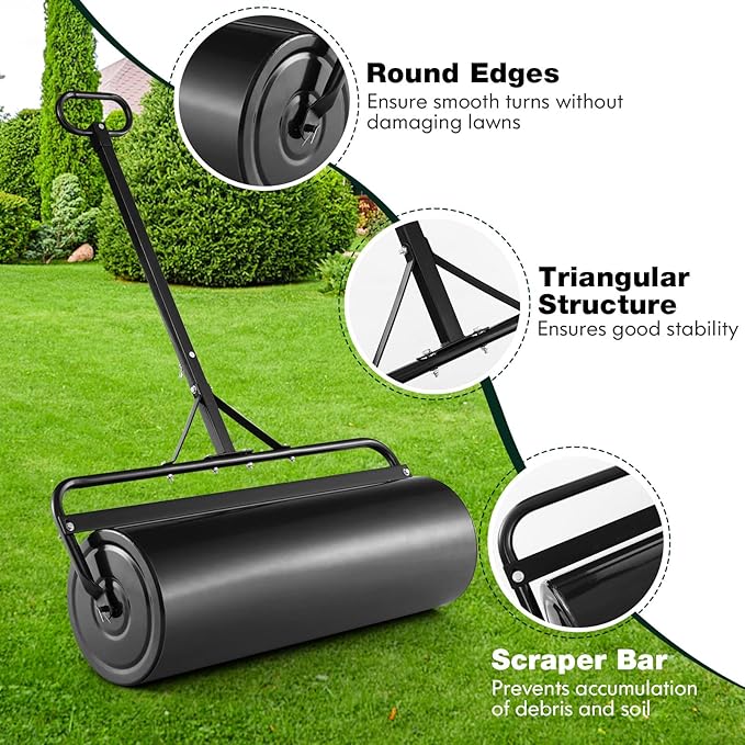 IRONMAX Lawn Roller, 30 Gallons/113 L Manual & Tow-Behind Steel Sod Roller w/Push Pull Handle, Lawn Rollers Tow Behind Water Filled for Yard, Park, Garden, Ball Field (30 Gallons, Black)