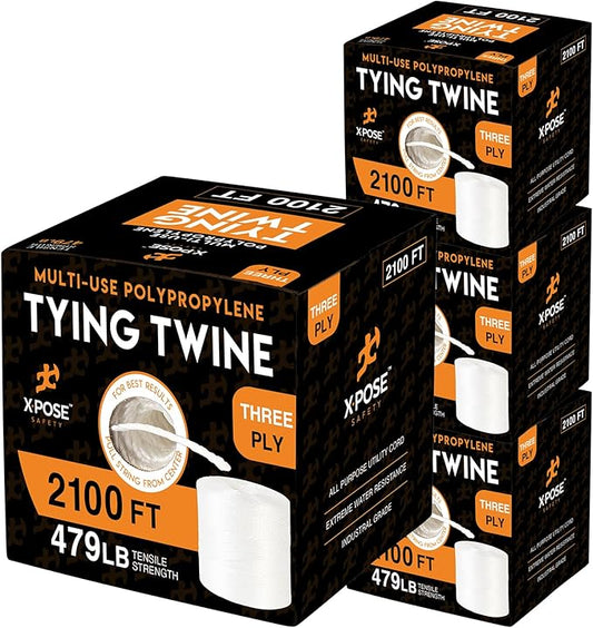 Polypropylene Tying Twine - 3 Ply White Plastic Poly String 2800' Roll - Soft On Hands - Heavy Duty Outdoor & Indoor Tie Line - Baling, Shipping & Bundling Twine, Packaging Rope 4 Pack