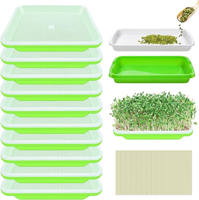 Legigo 10 Pack Green Seed Sprouter Trays- Soil-Free Cultivation Germination Tray, BPA Free Nursery Tray with Planting Paper for Indoors or Outdoors Sprouting Seeds, Grow Grass, Beans (Without Lids)
