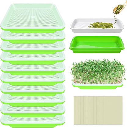 Legigo 10 Pack Green Seed Sprouter Trays- Soil-Free Cultivation Germination Tray, BPA Free Nursery Tray with Planting Paper for Indoors or Outdoors Sprouting Seeds, Grow Grass, Beans (Without Lids)