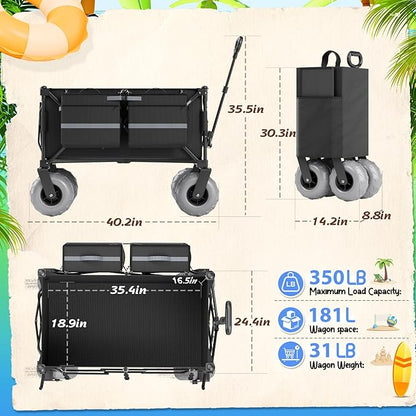 Beach Wagon with Big Wheels for Sand Heavy Duty Collapsible Wagon with 9" All Terrain Inflatable Tires, Foldable Beach Cart for Camping Outdoor Grocery Shopping Garden Sports