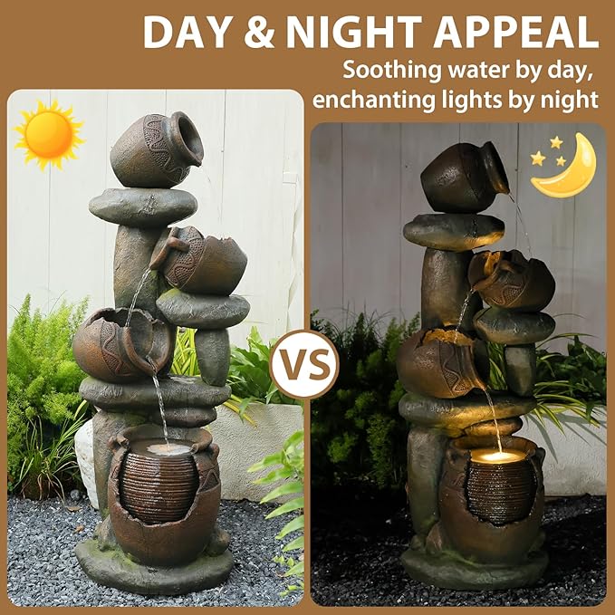 Outdoor Fountain with LED Lights, 48.43" Tall Garden Water Fountain - Resin & Fiberglass Freestanding Fountain for Patio, Backyard - Easy Setup Kit