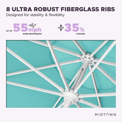 Midtown Umbrellas The Swilt 8 Feet Patio Umbrella in Sunbrella Aruba Acrylic Fabric - Fiberglass Ribs, Auto-Tilt Aluminum Frame For Backyard, Deck, Garden, Pool - White Pole