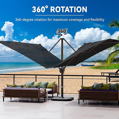 9' X 12' Cantilever Patio Umbrella with Base Included 360°Rotation Rectangular Outdoor Large Offset Umbrellas Heavy Duty Windproof for Garden Deck Pool, Grey