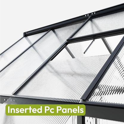 VIWAT 6x7.5 FT Greenhouse for Outdoors, Polycarbonate Greenhouse with Quick Setup Structure and Roof Vent, Aluminum Large Walk-in Green House for Outside Garden Backyard, Black