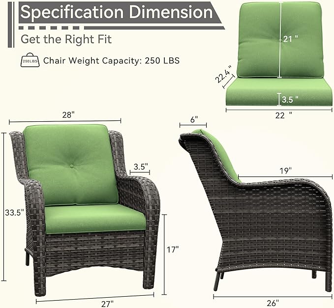 Patio Wicker Chairs Set of 2, Patio Rattan Dining Chairs with 3.5-inch Seat Cushions, High Back and Curved Armrest for Garden, Backyard, Balcony and Deck, Green
