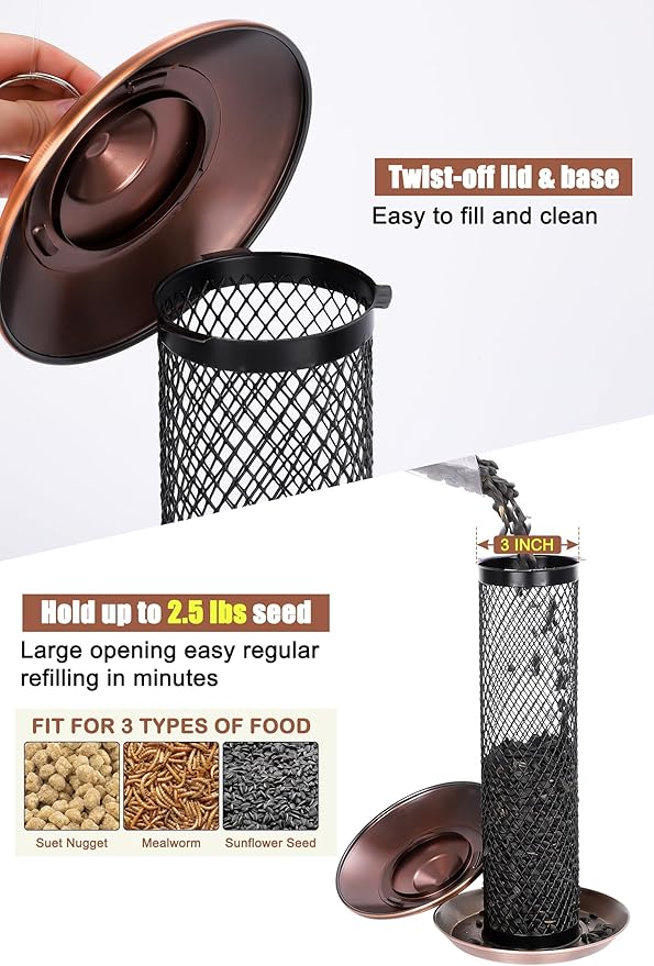 Gtongoko Bird Feeder for Outside, Metal Mesh Tube Bird Feeders 2.5 lbs for Sunflower Seeds or Mealworm, Large Capacity, Copper, 1 Pack