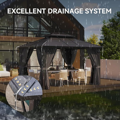Aoxun 10'x 12' Hardtop Gazebo, Outdoor Dual-Layer Galvanized Steel Double Roof Aluminum Furniture Gazebo Canopy with Netting and Curtains for Deck Backyard Wedding Garden