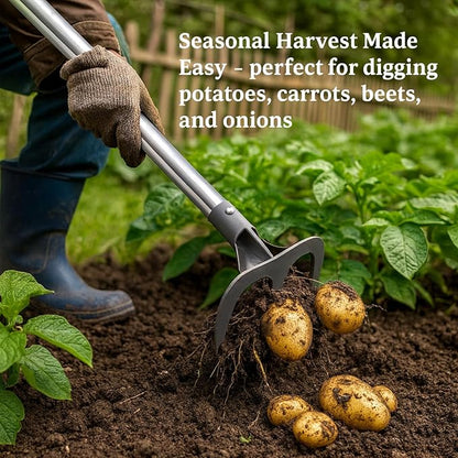 Potato Hand Rake Garden Tool - 47" Long Handle Cultivator Weeding Rakes, 3-Tine Heavy Duty Carbon Steel with D Grip for Grass Root Digging,Soil Loosening,Dirt Turning