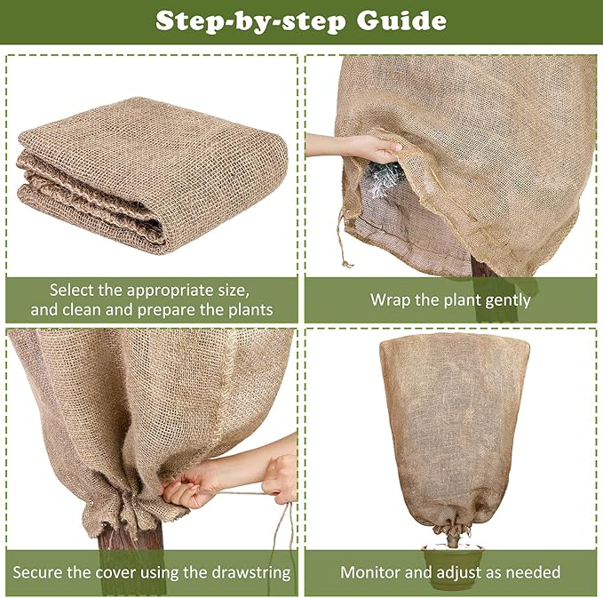 8 Packs Winter Burlap Plant Covers Bags 39.4 x 47.2 Inch Large Burlap Sack Plant Blanket with Drawstring Reusable Warm Plant Frost Cloth Cold Freeze Blanket for Outdoor Fruit Tree Potted Plants