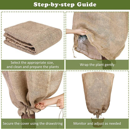 8 Packs Winter Burlap Plant Covers Bags 39.4 x 47.2 Inch Large Burlap Sack Plant Blanket with Drawstring Reusable Warm Plant Frost Cloth Cold Freeze Blanket for Outdoor Fruit Tree Potted Plants