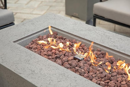 AMS Creations | Madison 60" Rectangular Natural Gas Outdoor Fire Pit Table | Light Gray Concrete GFRC | Limestone Texture or Surface | Electronic Ignition | Outside Backyard Fireplace
