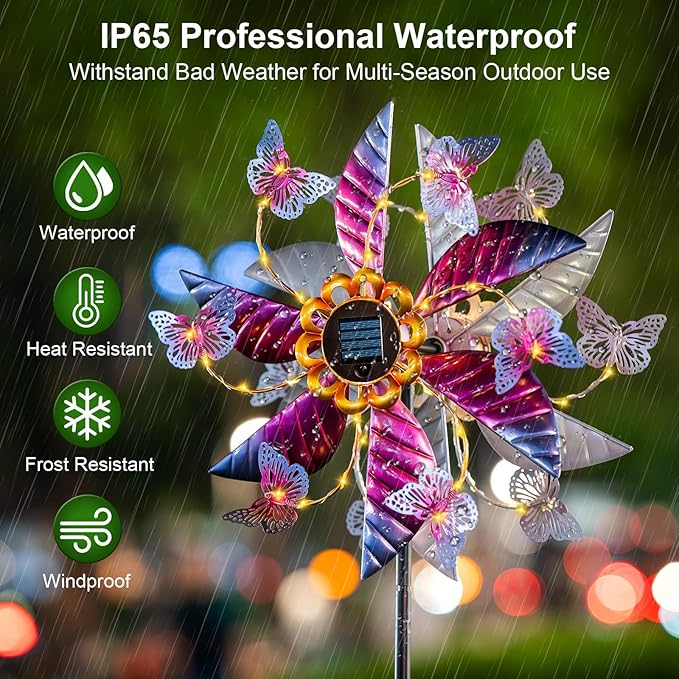 Large Solar Wind Spinners for Yard and Garden - 360° Metal Large Wind Sculptures Outdoor Clearance Kinetic Windmills with Vine String Shining LED Lights for Patio, Lawn Garden Decoration