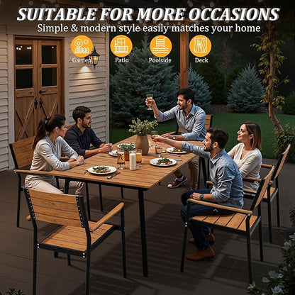 Outdoor Dining Table for 6, 70inch Patio Dining Table with Wooden-Like Top and Aluminum Frame, Rectangular Table with Umbrella Hole Outdoor Furniture, Brown