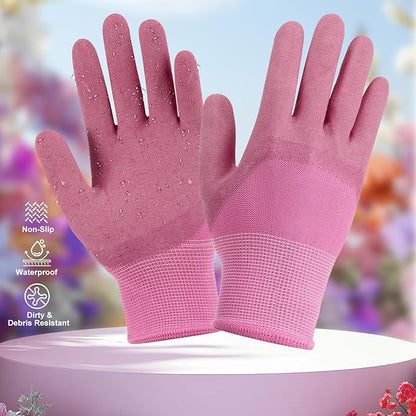 Housolution Gardening Tools Set, 10 PCS Stainless Steel Heavy-Duty with Non-slip Soft Rubber Handle with Large Garden Bag, Floral Pattern Gardening Tool Set Gifts for Women Birthday Mother's Day, Pink