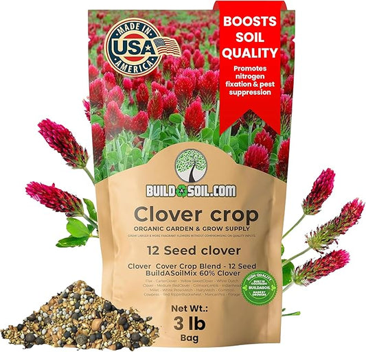 BuildASoil No-Till Clover Seed Cover Crop Blend 12 Species Cover Crop Seed Mix Premium Clover Seeds for Lawn - Plants Friendly Cover Crop for Garden - 60% Clover (3 lb Bag)