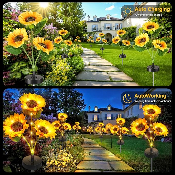 Solar Flowers Lights - Upgraded Outdoor Sunflowers Flowers Lights, Waterproof Outdoor Solar Lights for Garden, Patio, Backyard,Party and Office (Sunflowers, 4)