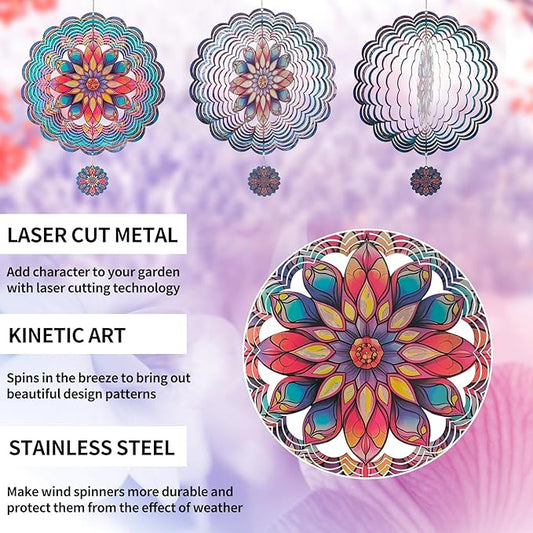 3D Mandala Wind Spinner, 12 Inch Stainless Steel Outdoor Wind Sculpture, Handcrafted Metal Garden Art for Patio, Yard, Weatherproof & Silent Spinning Mandala Decor