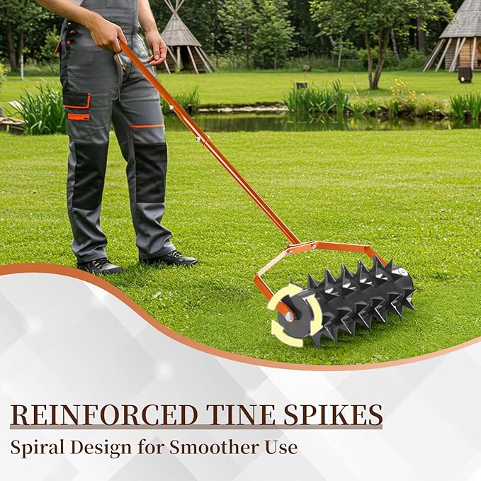 Outvita 60’’ Rolling Lawn Aerator, Heavy Duty Manual Aerator Lawn Tool for Garden Yard Patio with W-Shaped Blades ＆ 49" Handle (Orange)