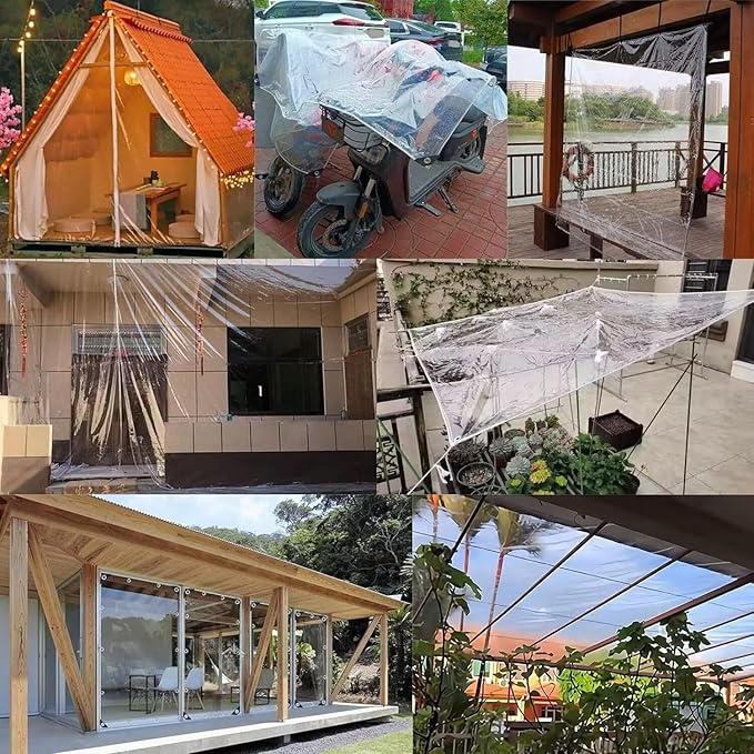 10' X 10' Clear Vinyl Tarp, 14 Mil Clear Tarps Heavy Duty Water Resistant, 400g/m² Thickened Tear Resistant with Metal Grommets, for Patio Porch and Garden Chicken Coop