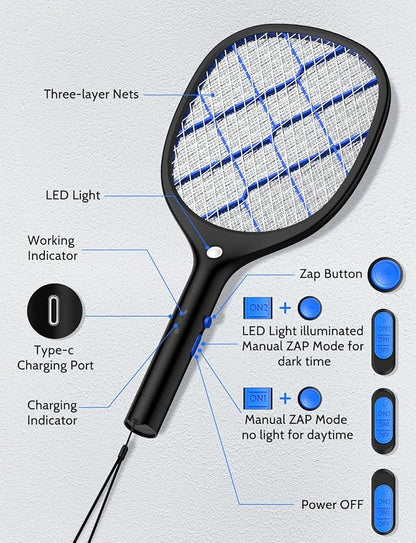 YISSVIC Electric Fly Swatter Bug Zapper Racket 4000V Rechargeable Mosquito Killer with LED Light for Indoor Home Office Backyard Patio Camping
