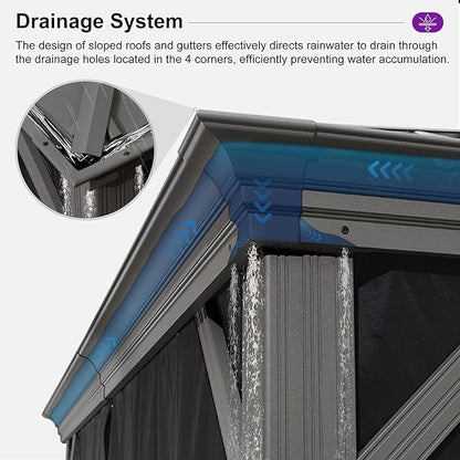 PURPLE LEAF 11' x 13' Permanent Hardtop Gazebo with Galvanized Steel Double Roof and Aluminum Frames Outdoor Large Pavilion Gazebo for Patio Deck Garden, Netting and Curtains Included, Light Grey