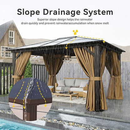 Aoxun 10' x 12' Gazebo Single Polycarbonate Top, Outdoor Aluminum Frame Permanent Gazebo with Curtains and Netting, for Patio, Party, Backyard, Garden and Lawn