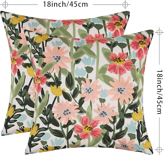 Pyonic Outdoor Pillows Cover Pack of 2 Floral Waterproof Throw Pillow Covers 18X18 inch Outdoor Pillows for Patio Furniture Garden Square Outside Waterproof Pillow