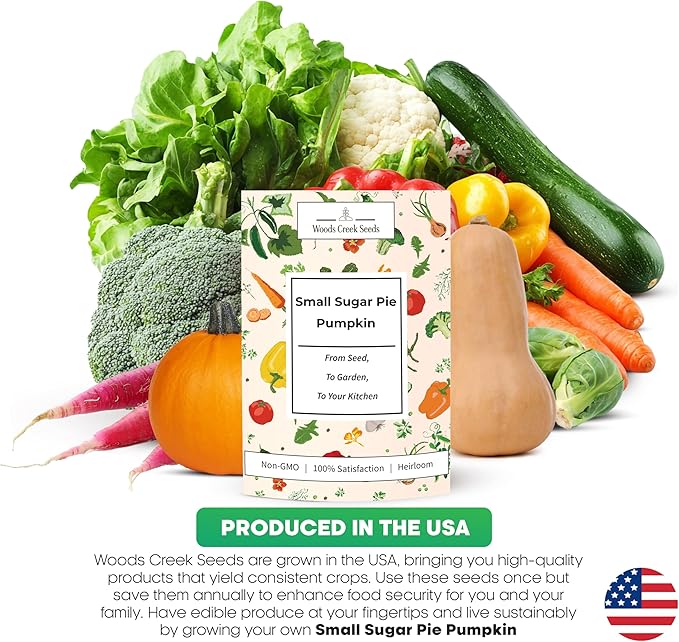 Woods Creek Seeds: Small Sugar Pie Pumpkin Seeds for Planting - Over 40 Heirloom Non-GMO Pumpkin Seeds to Plant - Ideal Heirloom Seeds to Grow for Pies & Fall Harvest - Pumpkins for Outdoor Gardens