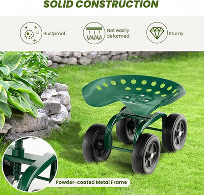 Rolling Garden Seat, Garden Cart with 360° Swivel Work Seat & Adjustable Height, Heavy Duty Garden Seat with Wheels for Lawn Yard Patio Greenhouse Planting Cleaning (Green)