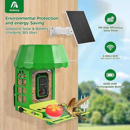 Avinory Metal Smart Bird Feeder with 2K HD Camera with Pole Dia 1 in,Solar Powered,AI Identification for 12000+ Species,2.4GHz Wireless,Squirrel-Proof Design,Chew-Proof,Easy Setup for Outdoor Garden